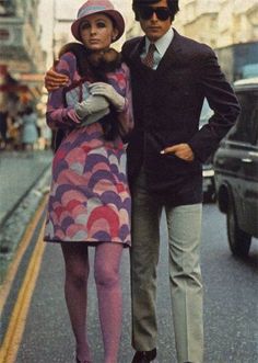 Vogue, September, 1966 vintage fashion style color photo print ad model magazine 60s mini dress pink purple hat tights knit wool: 60s Mini Dress, Walking Down The Street