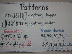 a sign with numbers and symbols on it that says, patterns increasing getting bigger decreasing getting smaller