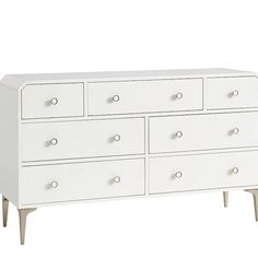 a white dresser with six drawers and two doors on one side, in front of a white background