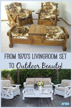 an outdoor living room set made out of wood