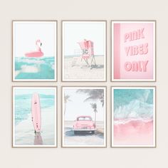 four pink pictures with surfboards on the beach and a pink car in the water