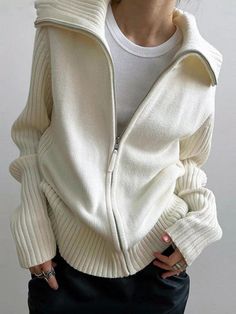 Solid Lapel Neck Splice Cardigan - AnotherChill Pull Oversize, Oversized Turtleneck Sweater, Loose Cardigan, Vintage Preppy, Womens Turtleneck, Oversized Pullover, Loose Style, Long Sleeve Turtleneck, Knit Hoodie