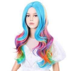 PRICES MAY VARY. 1.Color:Rainbow.(Tip: Slightly color difference between different monitors). 2.Length:56cm/ 22inches. (Tip:Measured From "Crown to End"). 3.Hair Material:Heat-resistant synthetic fiber, restyle the wig below 130 degree centigrade. Density-150%, very close to your own hair, super soft and comfortable. 4.Adjustable Cap:Average size-20 inches, the size could be adjusted to 19"-21".Two adjustment straps inside the wig, which can be intertwined to a fixed position to fit most head size. 5.Easy to Wear:Shake the wig and wear it,style it with your finger or a comb and hair spray. You can wear it in seconds, saving you more time. 6.Many Uses and Occasion:You can wear it to wherever you want to go, go to work in the company, go out on holidays, and go to wedding parties. It is the Rainbow Wig, Wigs Synthetic, Wavy Wigs, Kids Rainbow, Curly Wig, Color Rainbow, Middle Parts, Middle Part, Hair Spray