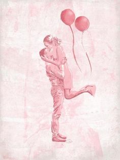 a drawing of a man and woman kissing while holding balloons