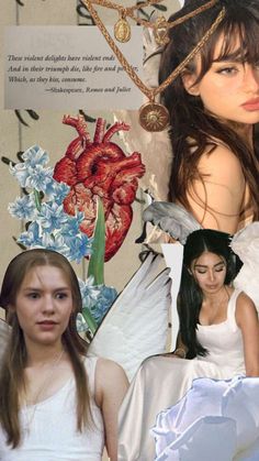 the collage shows two women in white dresses and one is wearing an angel costume