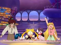 an anime scene with three women and one man standing in front of a table full of food