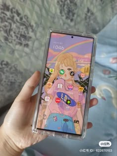 a person holding up a cell phone with an anime character on the back and side