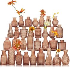 a large group of vases with flowers in them