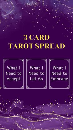 the 3 card tarot spread is displayed on a purple background with gold glitters