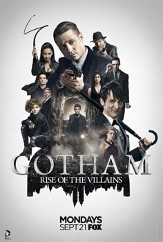 the poster for gotham rise of the villain's, featuring characters from various movies