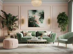 a living room with pink walls and green couches in front of a painting on the wall