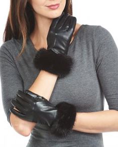 Mink Fur Trim Black Leather Gloves - Wool Lined Leather Mittens, Winter Gloves For Women, Fur Leg Warmers, Leather Gloves Women, Fur Cuffs, Black Fox, Gloves Design, Fur Accessories, Black Leather Gloves