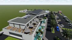 an artist's rendering of a modern house with pool and parking lot