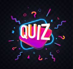 quiz sign with question mark on it in neon lights and confetti background illustration