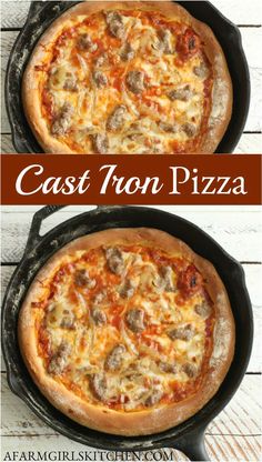 two pizzas sitting on top of pans with the words cast iron pizza above them