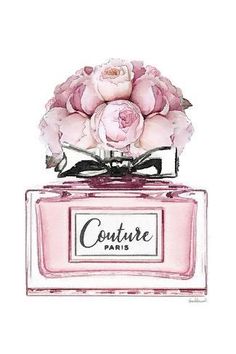 a pink perfume bottle with flowers in it's top and the word couture written