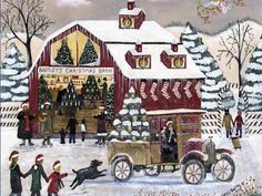 an old fashioned christmas scene with people in the snow