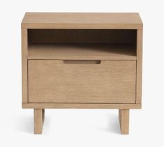 a wooden nightstand with two drawers on one side and an open drawer on the other