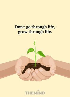 two hands holding a plant with the words don't go through life, grow through life