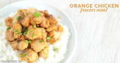 orange chicken is served over white rice on a plate