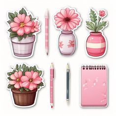 a set of stickers with pink flowers in vases and other things on them