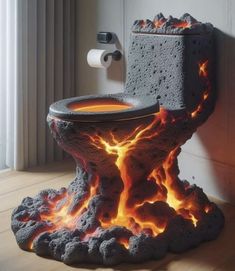 a toilet that looks like it is on fire with flames coming out of the seat