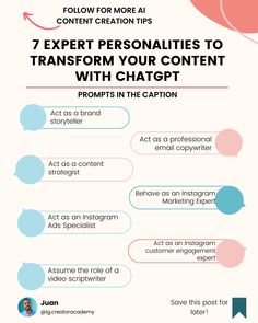 an info sheet with the words 7 expert personalitys to transform your content