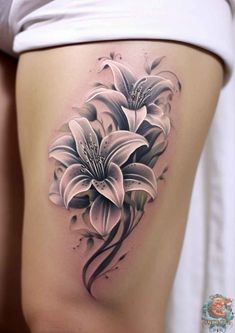 a woman's thigh with flowers on it and the lower part of her stomach