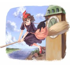 a woman flying through the air while holding onto a broom next to a clock tower