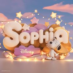 a cartoon dog is standing in front of the word sophiia with stars around it