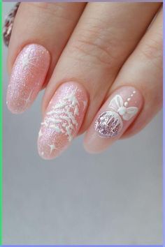 Nails For Christmas And New Years, December Nails 2024, Sparkle Holiday Nails, Pink New Years Nails, Sparkling Christmas Nails, Winter Nail Sets, Pink Xmas Nails, Christmas And New Year Nails, Bows Nail Art