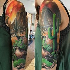 a man with a green shirt has a tattoo on his arm and is holding a cactus