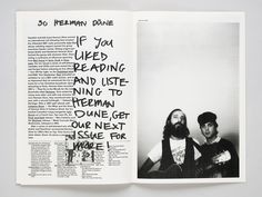 an open book with black and white photos on the pages, featuring two men holding guitars