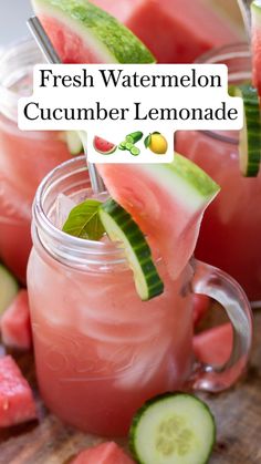 fresh watermelon cucumber lemonade is garnished with mint and lime