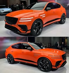 two pictures of an orange car on display