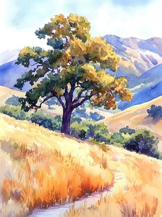 a painting of a tree in the middle of a field with mountains in the background