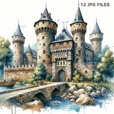 watercolor painting of an old castle by the river