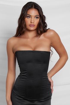 Sphynx Satin Corset Top - Black. Stretch Tube Top With Built-in Bra For Evening, Satin Corset With Built-in Bra For Night Out, Elegant Club Tube Top With Built-in Bra, Strapless Corset With Built-in Bra For Club, Strapless Corset With Boning For Club, Strapless Club Corset With Boning, Bandeau Tube Top With Built-in Bra For Party, Party Bandage Tube Top, Strapless Bandage Corset For Party