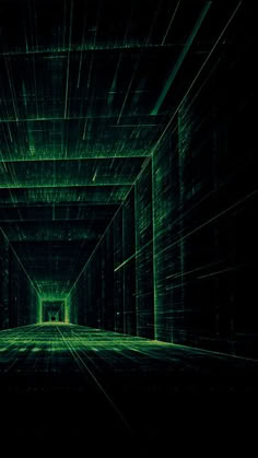 an image of a dark tunnel with green lights