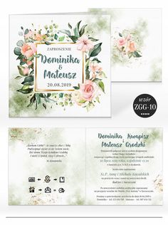 an elegant wedding card with watercolor flowers and greenery on the front, in green tones