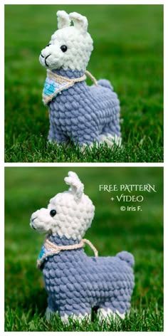 crocheted llama stuffed animal in blue and white with text overlay that says free pattern