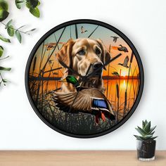 a painting of a dog with a duck in it's mouth on a wall