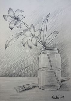 a pencil drawing of flowers in a jar