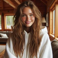 a beautiful young woman sitting on top of a couch next to a wooden floor covered in furniture