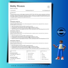 a child in blue pants is standing next to a resume