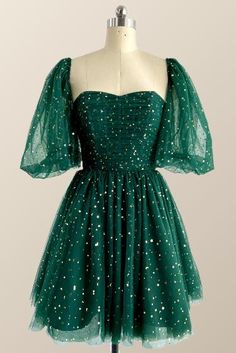 princess A-line dark green stars and sparkles short A-line homecoming dress princess birthday dress cocktail dress #homecomingdresses #princessdresses Emerald Green Dress Knee Length, Enchanted Forest Theme Hoco Dress, Hoco Dresses 2023 Flowy, Emerald Green Dress Hoco, Homecoming Dresses Emerald Green, Enchanted Hoco Dress, Enchanted Forest Homecoming Dress, Enchanted Forest Dress Homecoming, Emerald Dress Short