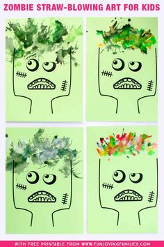 four different pictures with the words zombie straw - bloing art for kids on them