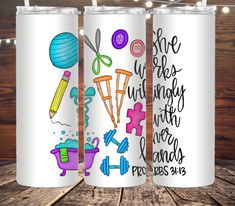 three personalized tumbles with different designs on them