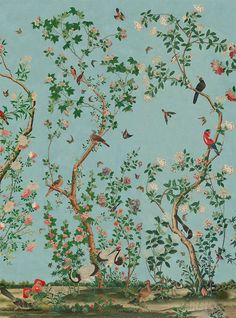 a painting of birds and flowers on a blue background with trees in the foreground