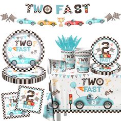 a birthday party set up with cars and race flags, paper plates, napkins and cups